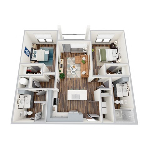 Floor plan for 2 beds, 2 baths, 1039 sqft